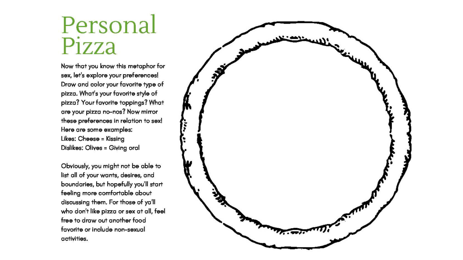 Family Health and Human Sexuality Lesson for 8th graders uses pizza to  teach consent; asks students to list their sexual likes and dislikes as if  they are pizza toppings and uses 