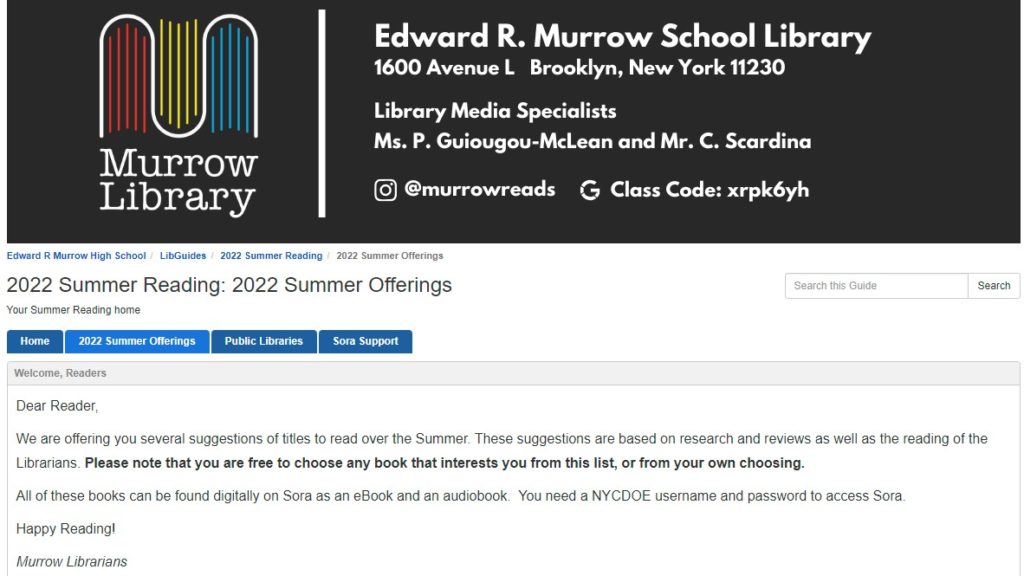Edward R. Murrow High School's library promotes a summer reading list ...