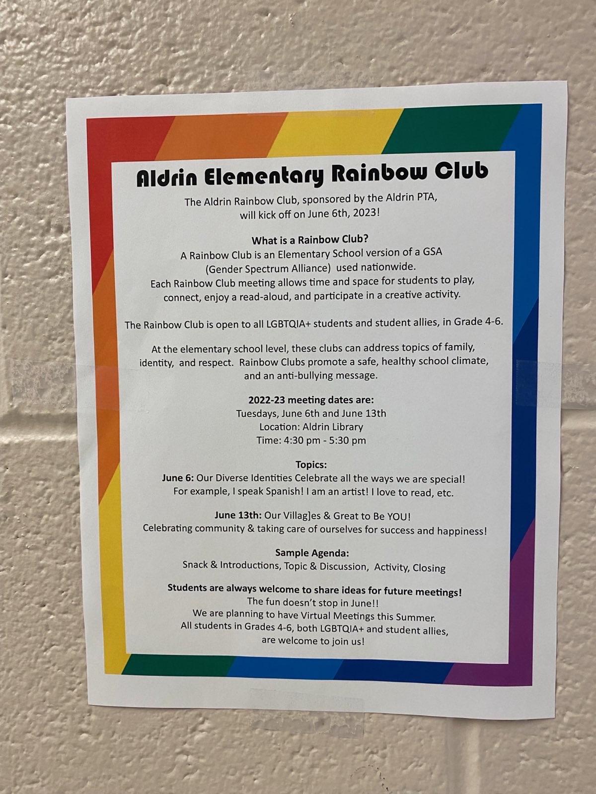 New LGBTQ club introduced to students at Aldrin Elementary School; more ...