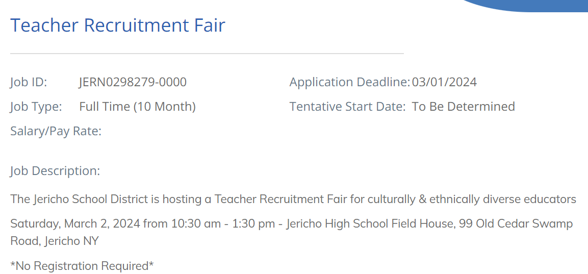 Jericho Union Free School District is holding recruitment fair limited